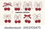 Coquette cherries with gift bow. Cherries with ribbon. Cute trendy line art set. Vector