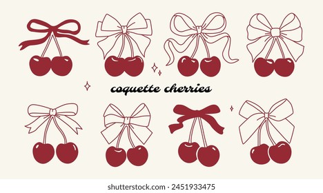 Coquette cherries with gift bow. Cherries with ribbon. Cute trendy line art set. Vector