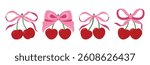 Coquette cherries with gift bow. Vector Illustration of pink girly vintage bows and cherry. Cherries with ribbon. Cute trendy line art set. Ribbons isolated. Trendy girls accessories. Cute hairstyle d