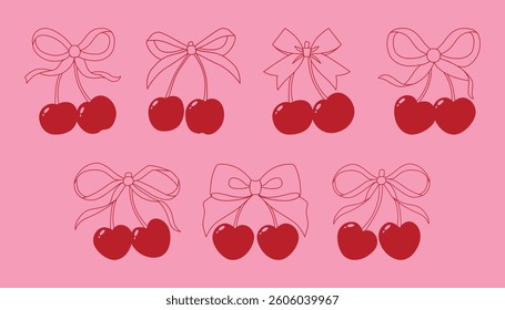 Coquette cherries with gift bow. Vector Illustrations of vintage bows and red cherry. Cherries with ribbon. Cute trendy line art set. Ribbons isolated. Trendy girls accessories. Cute hairstyle decor