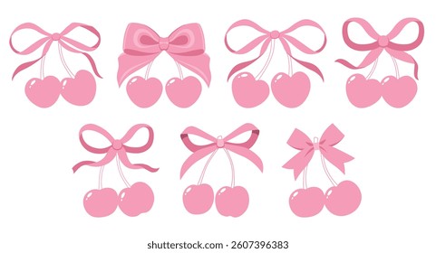 Coquette cherries with gift bow. Vector Illustrations of vintage bows and pink cherry. Cherries with ribbon. Cute trendy line art set. Ribbons isolated. Trendy girls accessories. Cute hairstyle decor