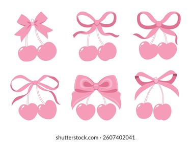 Coquette cherries with gift bow. Vector Illustrations of vintage bows and pink cherry. Cherries with ribbon. Cute trendy line art set. Ribbons isolated. Trendy girls accessories. Cute hairstyle decor