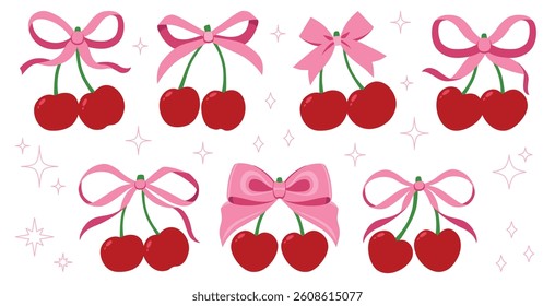 Coquette cherries with gift bow. Vector Illustration of pink girly vintage bows and cherry. Cherries with ribbon. Cute trendy line art set. Ribbons isolated. Trendy girls accessories. Cute hairstyle d