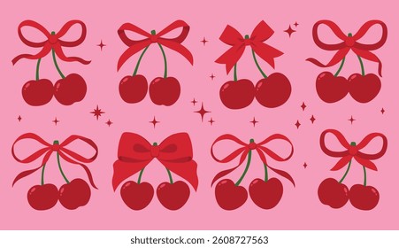 Coquette cherries with gift bow. Vector Illustration of pink girly vintage bows and cherry. Cherries with ribbon. Cute trendy line art set. Ribbons isolated. Trendy girls accessories. Cute hairstyle d