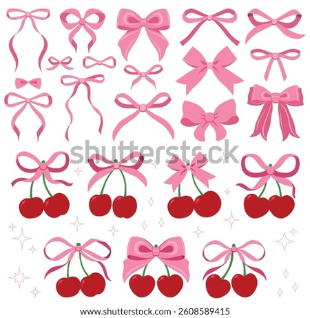 Coquette cherries with gift bow. Vector Illustration of pink girly vintage bows and cherry. Cherries with ribbon. Cute trendy line art set. Ribbons isolated. Trendy girls accessories. Cute hairstyle
