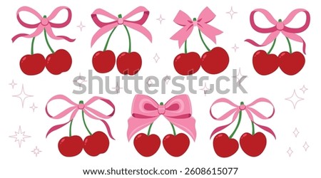 Coquette cherries with gift bow. Vector Illustration of pink girly vintage bows and cherry. Cherries with ribbon. Cute trendy line art set. Ribbons isolated. Trendy girls accessories. Cute hairstyle d