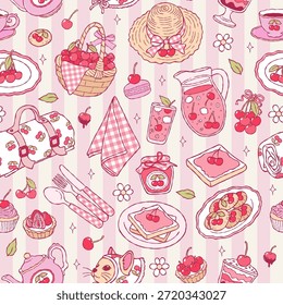 Coquette Cherries Picnic Padrão sem emenda, Cerejas na moda Bows amor papel digital, primavera tempo chá piquenique Valentine repita padrão Design Vetor