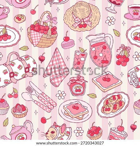 Coquette Cherries Picnic Seamless Pattern, Trendy Cherries Bows Love Digital Paper, Spring Tea Time Valentine Picnic Repeat Pattern Design Vector
