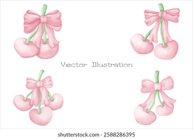 Coquette cherries with pink ribbon bow watercolor .vecter Illustrations 