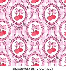 Coquette Cherries Seamless Pattern, Trendy Cherries Bows Love Digital Paper, Antiguas Girly Cherry Frame Repite el Vector de diseño de patrones