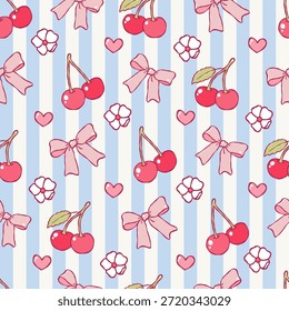 Coquette Cherries Sem Costura Padrão, Cerejas Trendy Bows Amor Papel Digital, primavera Cherry Valentine Repetir Padrão Design Vetor