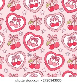 Coquette Cherries Seamless Pattern, Trendy Cherries Bows Love Digital Paper, Antiguas Girly Cherry Frame Repite el Vector de diseño de patrones
