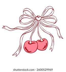 Coquette cherry with bow. Doodle line art trendy girly berry, romantic fruit decoration for Valentine day and invitations templates. Vintage elegant vector illustration.