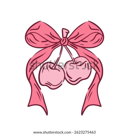 Coquette cherry with bow. Hand drawn line art illustration cherry on white background. Doodle trendy girly berry. Decoration for invitations templates. Vintage elegant vector.