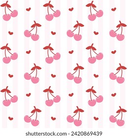 Coquette cherry with bow seamless pattern, preppy pink background isolated on white. 