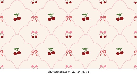 Coquette Cherry and Bow Seamless Pattern. Cute Ribbon Vintage Girly Aesthetic Background. Perfect for Fabric, Wrapping Paper, Wallpaper, Decor