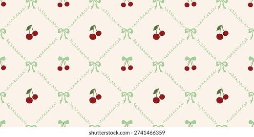 Coquette Cherry and Bow Seamless Pattern. Cute Ribbon Vintage Girly Aesthetic Background. Perfect for Fabric, Wrapping Paper, Wallpaper, Decor