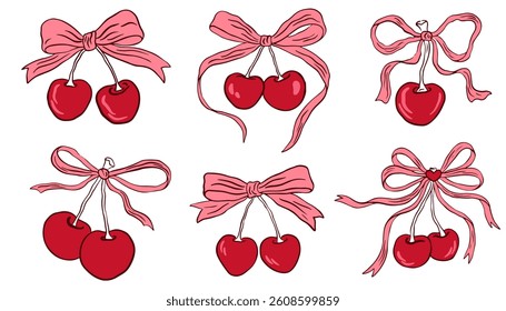 Coquette cherry with bow set. Cherries with ribbon. Hand drawn vintage clipart, cute, y2k, aesthetic, trendy pink girly berry crafts bows coquette, ribbon. Rococo trendy isolated vector illustration.