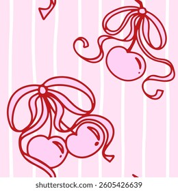 Coquette cherry with bows seamless pattern set. Hand-drawn berries with ribbons on pastel pink background. Romantic trendy hand-drawn vector illustration.
