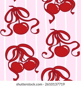 Coquette cherry with bows seamless pattern set. Hand-drawn berries with ribbons in red color on pink striped background. Romantic trendy hand-drawn vector illustration.
