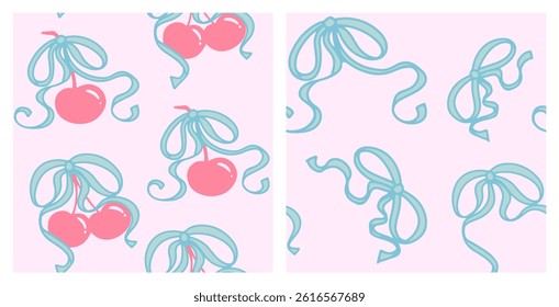 Coquette cherry with bows seamless pattern set. Cute berries with ribbons on pastel pink and blue colors. Romantic trendy hand-drawn, vector illustration.