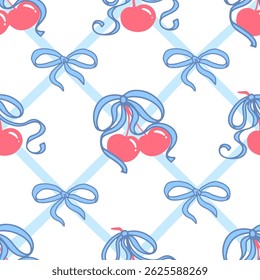 Coquette Cherry with bows Seamless Pattern. Cute Red berries with Blue ribbons on cross line pastel background. Feminine Romantic art for Wedding celebration, party decoration, gift, present concept.