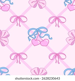 Coquette Cherry with Bows seamless pattern. Cute Heart shaped Berries with Ribbons on pastel pink and blue colors. Trendy Feminine Romantic art for Wedding, Party decoration, Gift wrapping paper.
