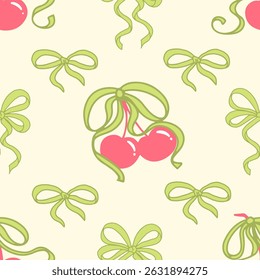 Coquette Cherry with bows Seamless Pattern. Cute Red berries with Green ribbons on pastel yellow background. Feminine Romantic art for Wedding celebration, party decoration, gift, present concept.