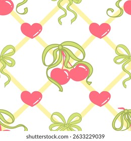 Coquette Cherry with bows Seamless Pattern. Red berries with Green ribbons and hearts on pastel yellow background. Romantic art for Wedding celebration, party decoration, gift, present concept.