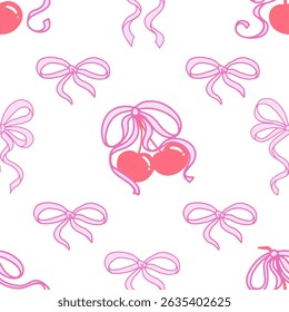 Coquette Cherry with Bows Seamless Pattern. Cute Red berries with Pink ribbons on white background. Feminine Romantic art for Wedding celebration, party decoration, gift, present concept.