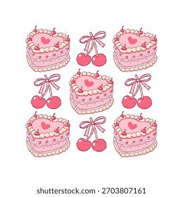 Coquette Cherry Cake Collection Vector, Hand Drawn Vintage Retro Cake Doodle, Trendy Pink Valentine Hearts Cakes Design Vector