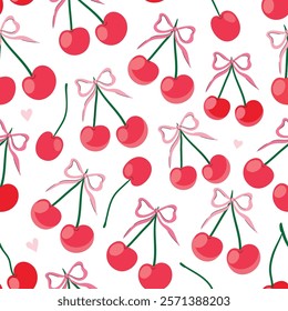 Coquette cherry seamless pattern, elegant trendy background with fresh fruits and bows, spring summer wallpaper