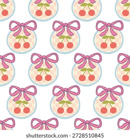 Coquette cherry seamless pattern on white background with pink bows and hearts. Modern naive doodle icons with red berries for trendy romantic kids textiles, fabric or lovely nursery wallpaper