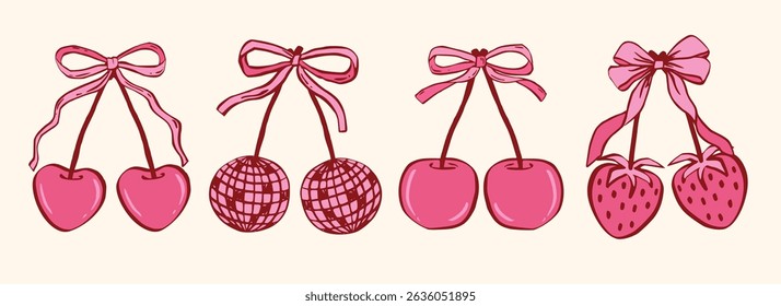Coquette cherry, strawberry, heart with bow. A charming collection of doodle line art featuring romantic berries and sweet symbols, perfect for Valentine's Day designs, greeting cards