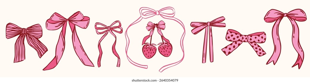 Coquette cherry, strawberry, heart with bow. A charming collection of doodle line art featuring romantic berries and sweet symbols, perfect for Valentine's Day designs, greeting cards and invitation