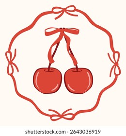 Coquette cherry, strawberry, heart with bow. A charming collection of doodle line art featuring romantic berries and sweet symbols, perfect for Valentine's Day designs, greeting cards and invitations.