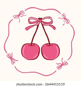 Coquette cherry, strawberry, heart with bow. A charming collection of doodle line art featuring romantic berries and sweet symbols, perfect for Valentine's Day designs, greeting cards and invitations