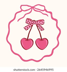 Coquette cherry, strawberry, heart with bow. A charming collection of doodle line art featuring romantic berries and sweet symbols, perfect for Valentine's Day designs, greeting cards and invitation
