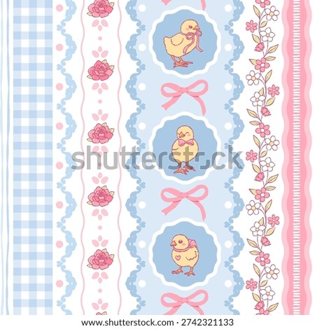 Coquette Chick Seamless Pattern, Blue Pink Vintage Easter Digital Paper, Ribbon Bow and Lace Fabric File, Pink Roses Lacy Stripes Repeat Pattern Design Vector