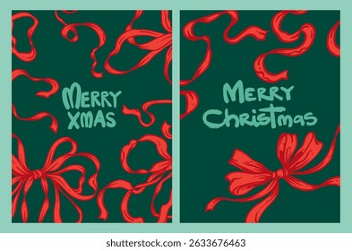Coquette Christmas Card Set with Red Ribbons and Bows on green background. Festive collection of holiday cards with hand-drawn whimsical, vintage design. Merry Christmas, Happy New Year greeting flyer