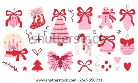 Coquette Christmas Elements Set. Hand drawn Vintage Xmas Holiday Clipart with bows in flat style. Vector illustrations of Baubles Decorations Ornaments Tree.