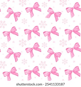 Coquette Christmas pink ribbon bow seamless Pattern watercolor isolated on background.