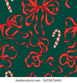Coquette Christmas Red Ribbon Bows Seamless Pattern on green background. Hand-Drawn Soft and Feminine Rococo Print. Romantic, vintage Design. Perfect for Whimsical Christmas Background