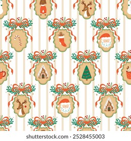 Coquette Navidades sin patrón con lazo, cinta, lindos Elementos de vacaciones de invierno. Vector rayado granmillennial impresión con broche de camafeo vintage, Santa, reno, casa de jengibre, árbol de Navidad.