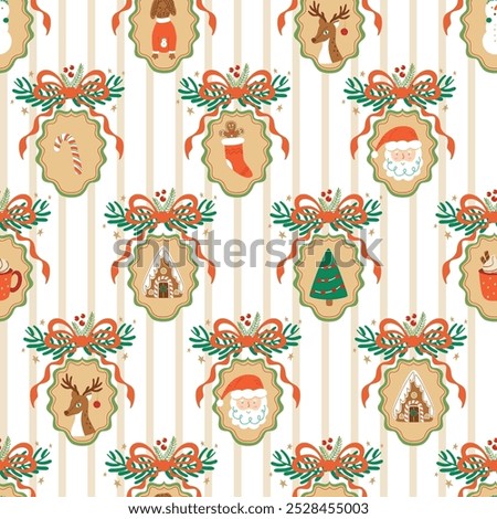 Coquette Christmas seamless pattern with bow, ribbon, cute winter holiday elements. Vector striped grandmillennial print with vintage cameo brooch, Santa, reindeer, gingerbread house, Christmas tree.