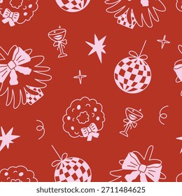 Coquette Navidades sin patrón con árbol de Navidad, bola de discoteca, corona, copa de champán sobre fondo rojo. Fondo de Festiva, textil, Fondo de pantalla, diseño de impresión