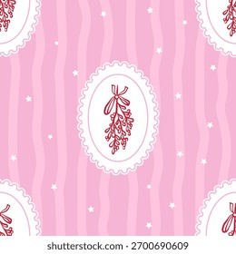 Coquette Christmas Style Seamless Pattern com Mistletoe Bunch em um cameo Frames no fundo listrado. Ilustração de vetor vintage