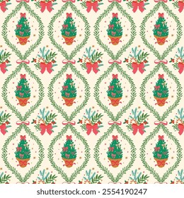 Coquette Christmas tree, bow knots, ribbons seamless pattern. Preppy retro damask winter holiday print. Grandmillennial wallpaper, New Year textile design, vector repeat background, wrap, gift paper.