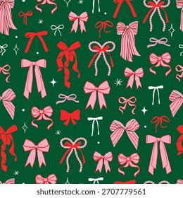 Coquette Christmas tree seamless pattern. Red and green festive cute background. Hand drawn doodle.