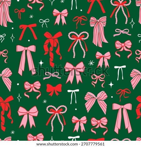 Coquette Christmas tree seamless pattern. Red and green festive cute background. Hand drawn doodle.